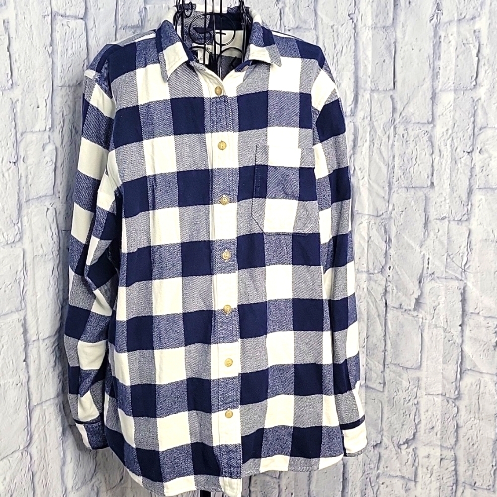 L.L. BEAN Blue and White Plaid Button Up Flannel Men's Shirt Large